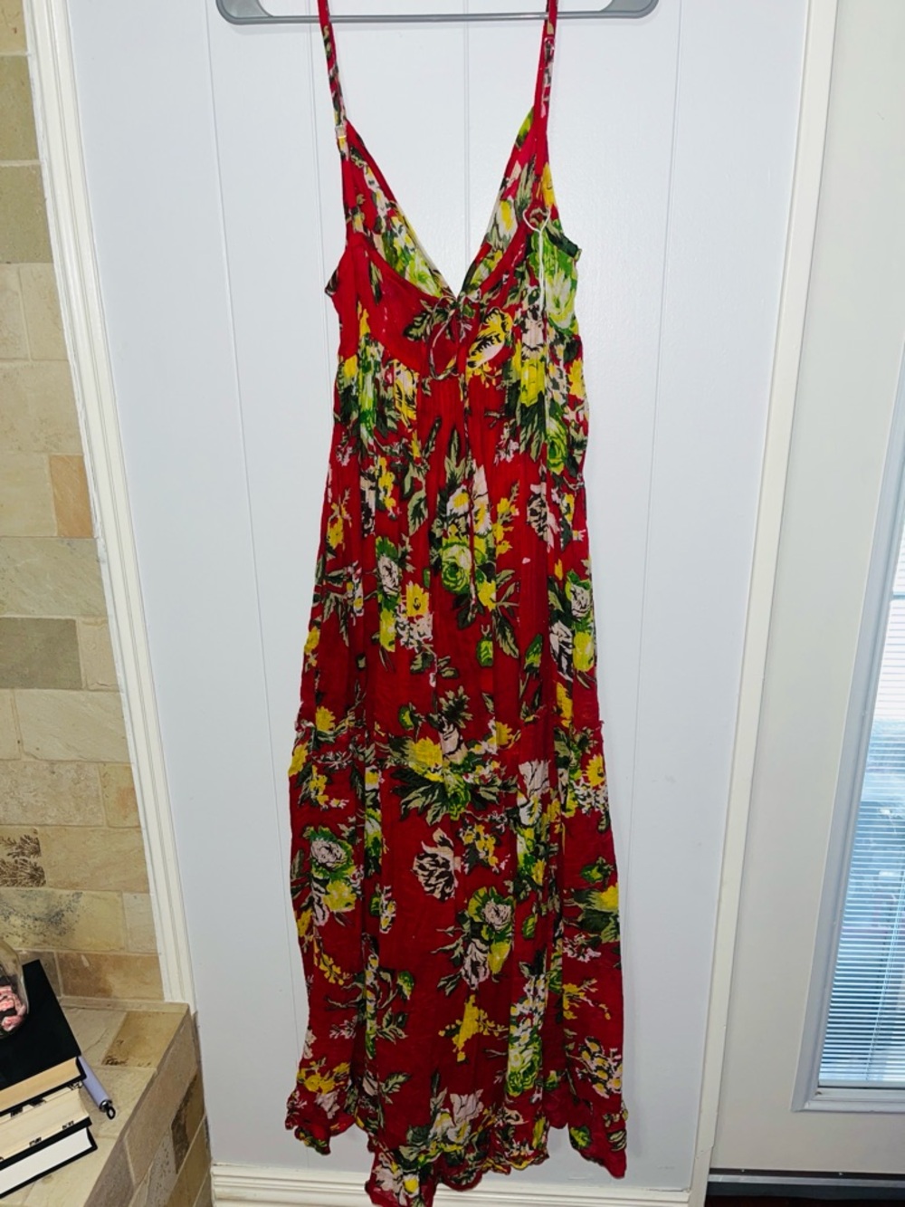 New Red Floral V-Neck Maxi Dress with Spaghetti Straps